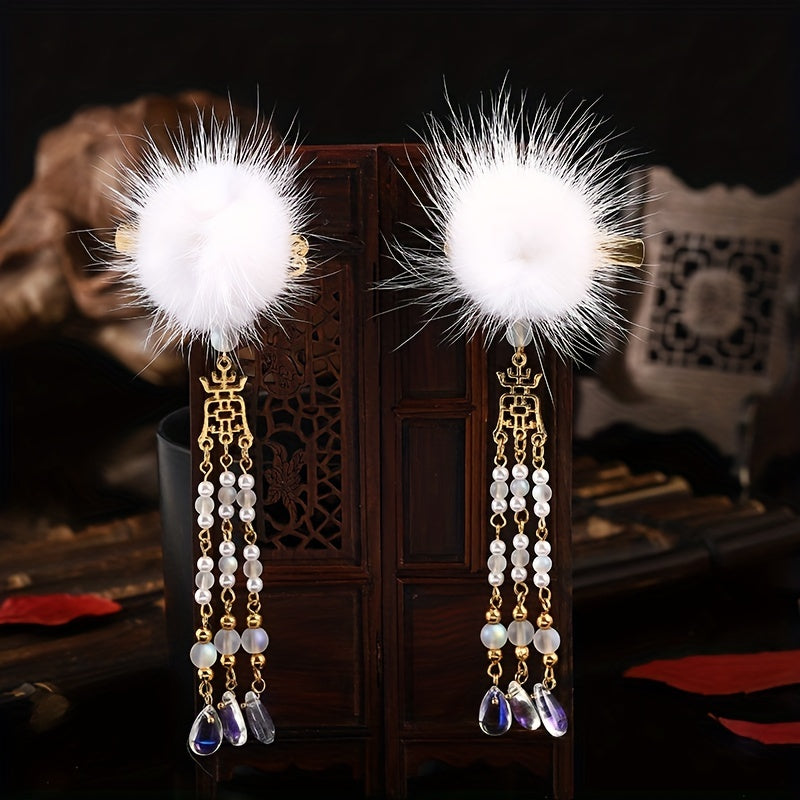 Retro Plush Ball Hair Clip With Small Bells Non slip Duck Billed Clip