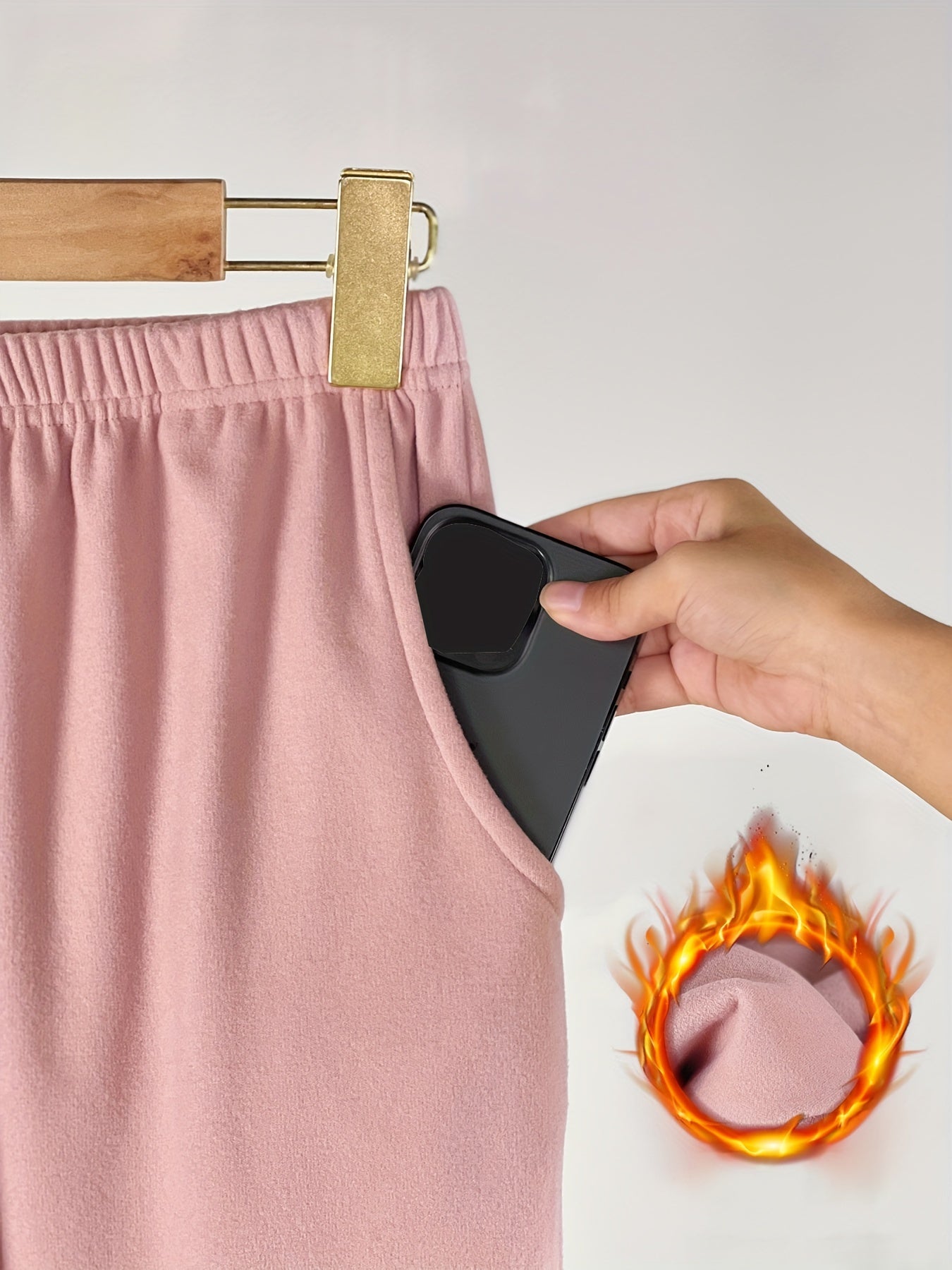Solid Fuzzy Lounge Pants, Warm & Soft Elastic Waistband Pants