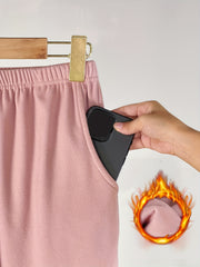 Solid Fuzzy Lounge Pants, Warm & Soft Elastic Waistband Pants