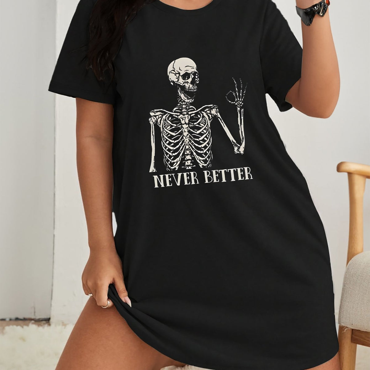  Halloween Lounge Dress Skull & Letter Print Short Sleeve Nightdress