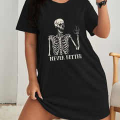  Halloween Lounge Dress Skull & Letter Print Short Sleeve Nightdress