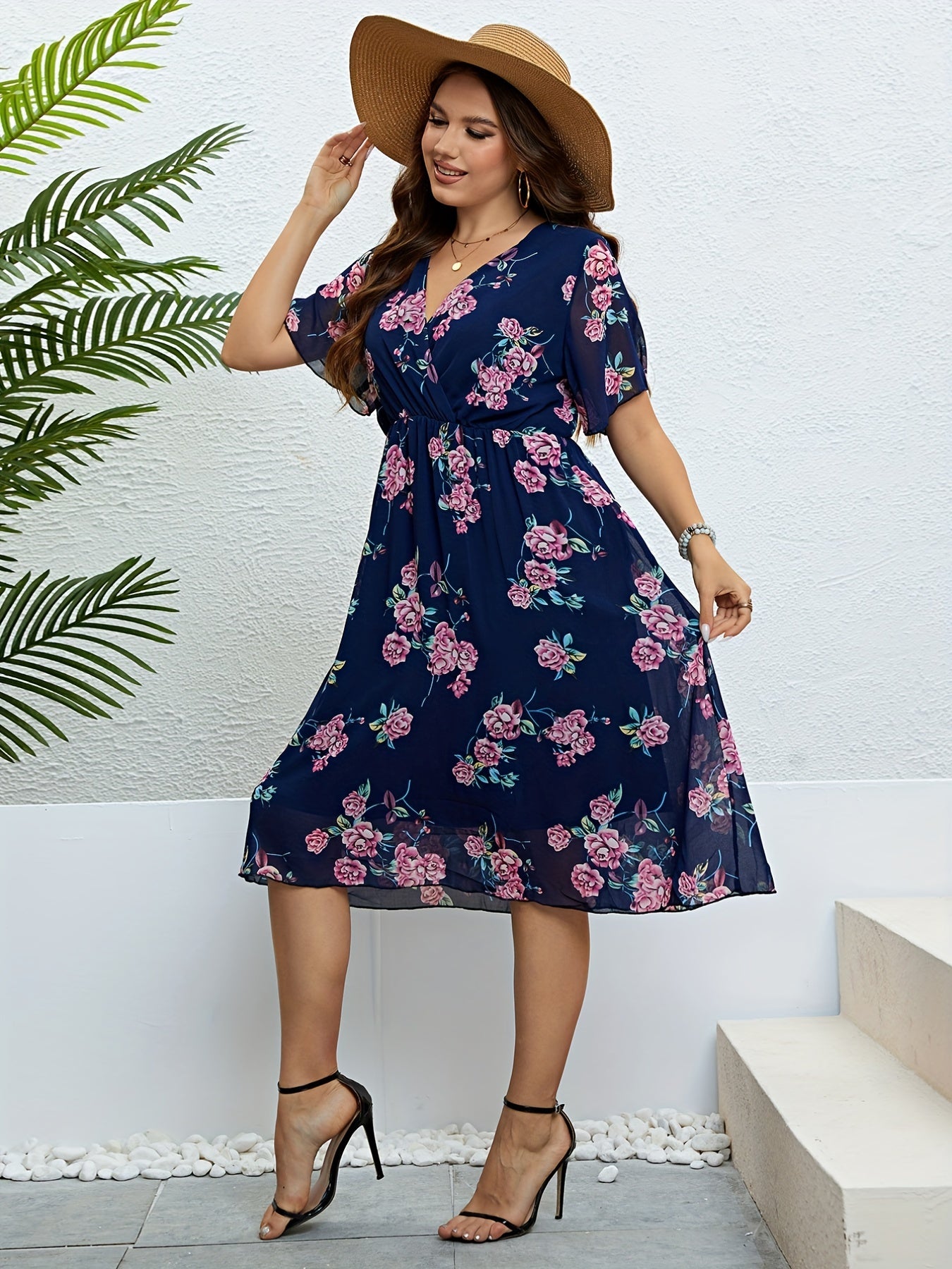 Women's Plus Floral Print Flutter Sleeve Midi Dress