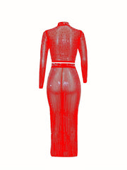 Party Rhinestone 2pc Set Bodycon Crop Top & High Waist Skirt