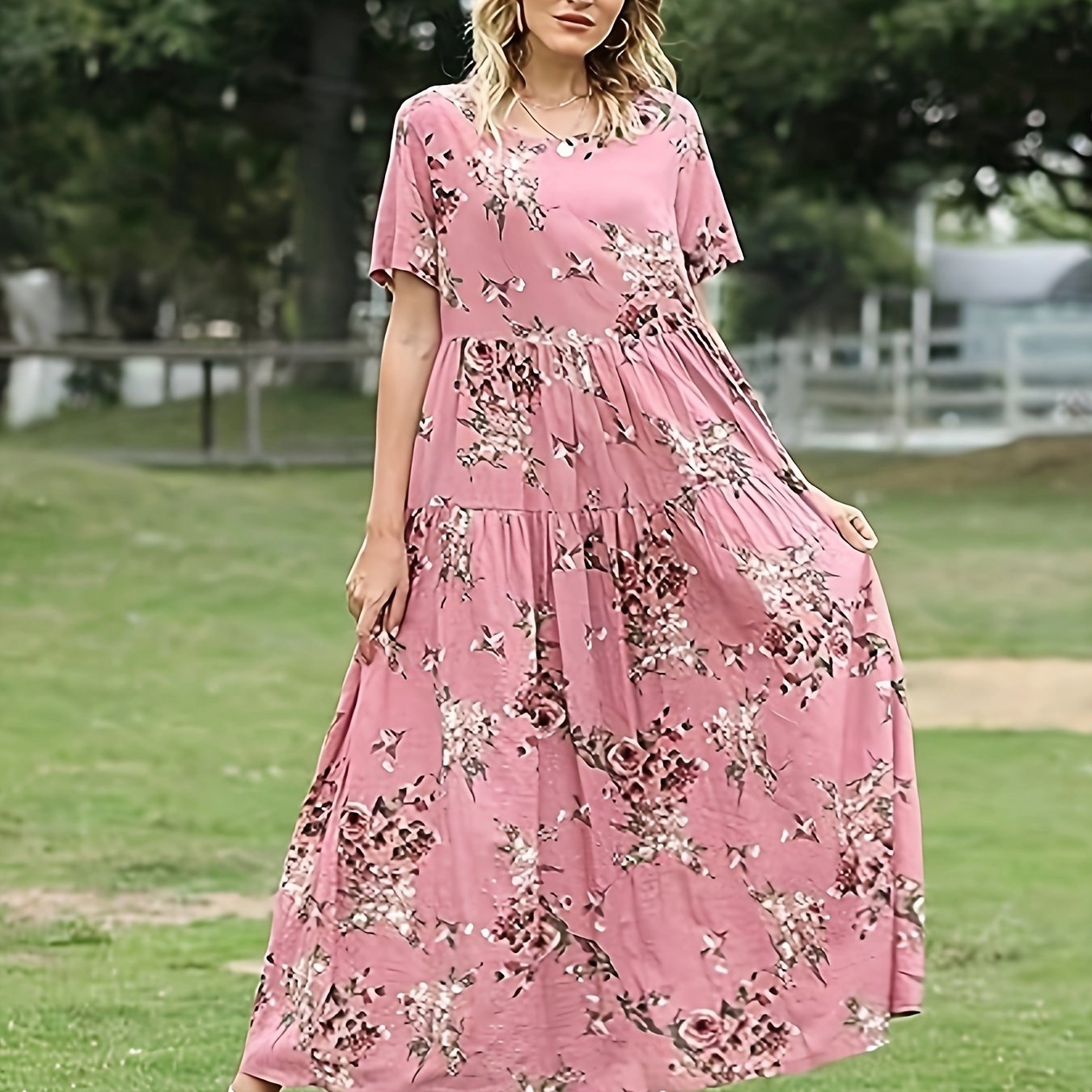  Floral Print Short Sleeve Maxi Dress