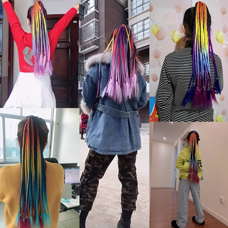 60 96 Cm Long Box Braided Ponytail Extensions Ombre Rainbow Colored