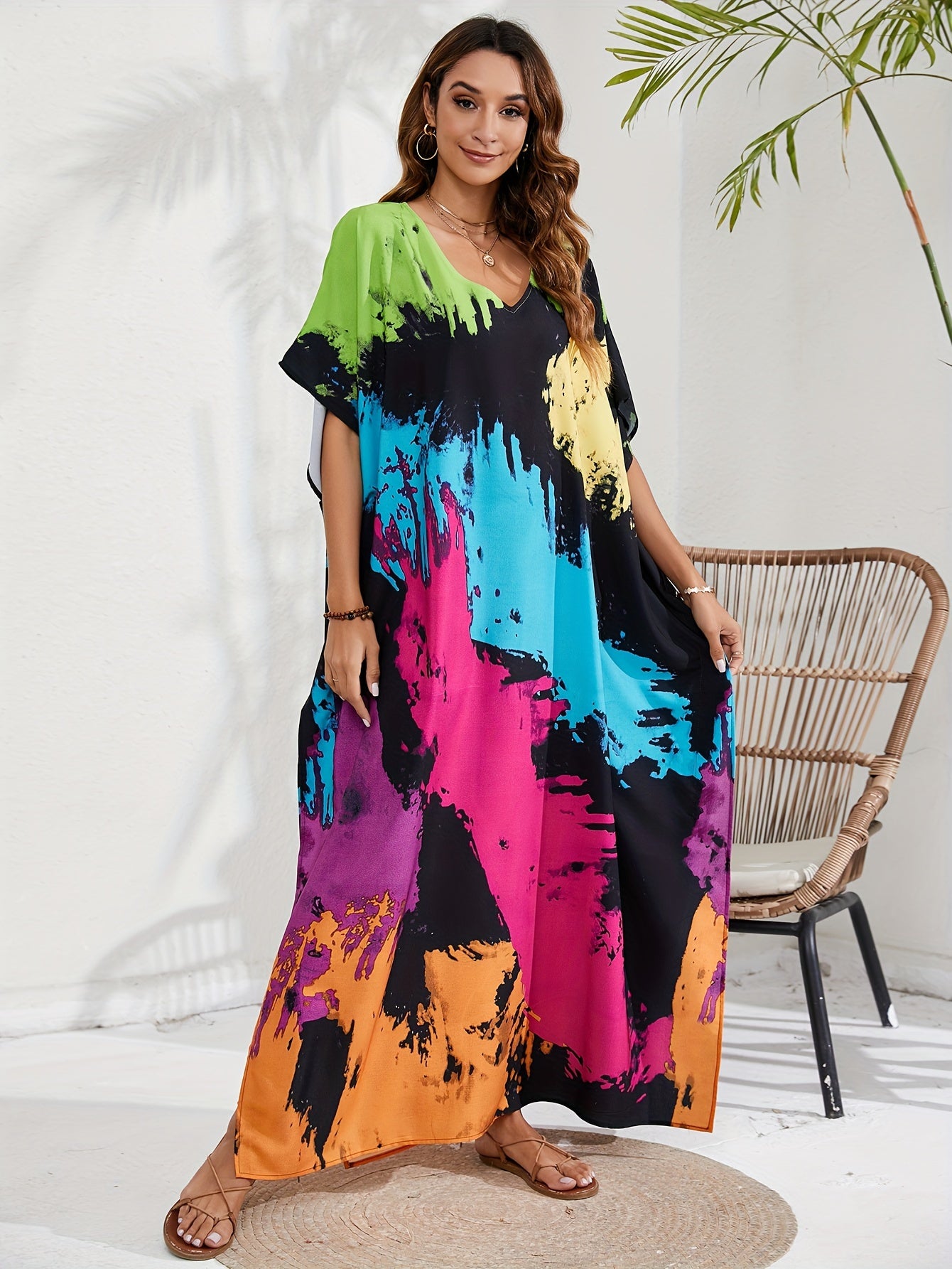 Tie Dye Batwing Sleeve Maxi Beach Cover Up Dress