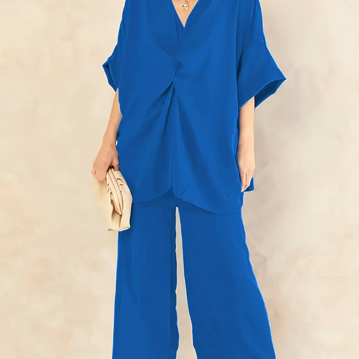  Solid Twist Front Bat Sleeve Top & Wide Leg Pants Set