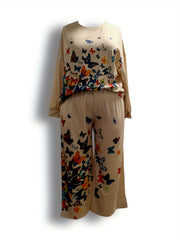  Butterfly Print Tee & Pants Set - Casual Outfit Two Piece Set