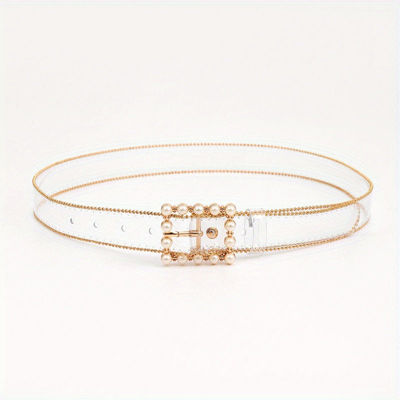 Faux Pearl Buckle Y2K Belt Beads Decor Transparent PVC Beaded Edge Belt
