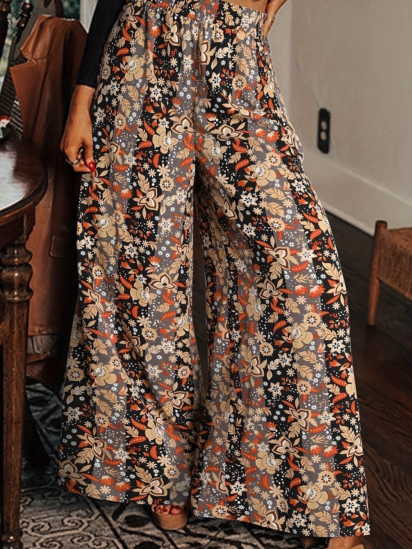 Plus Floral Stripe High Waisted Wide Leg Pants