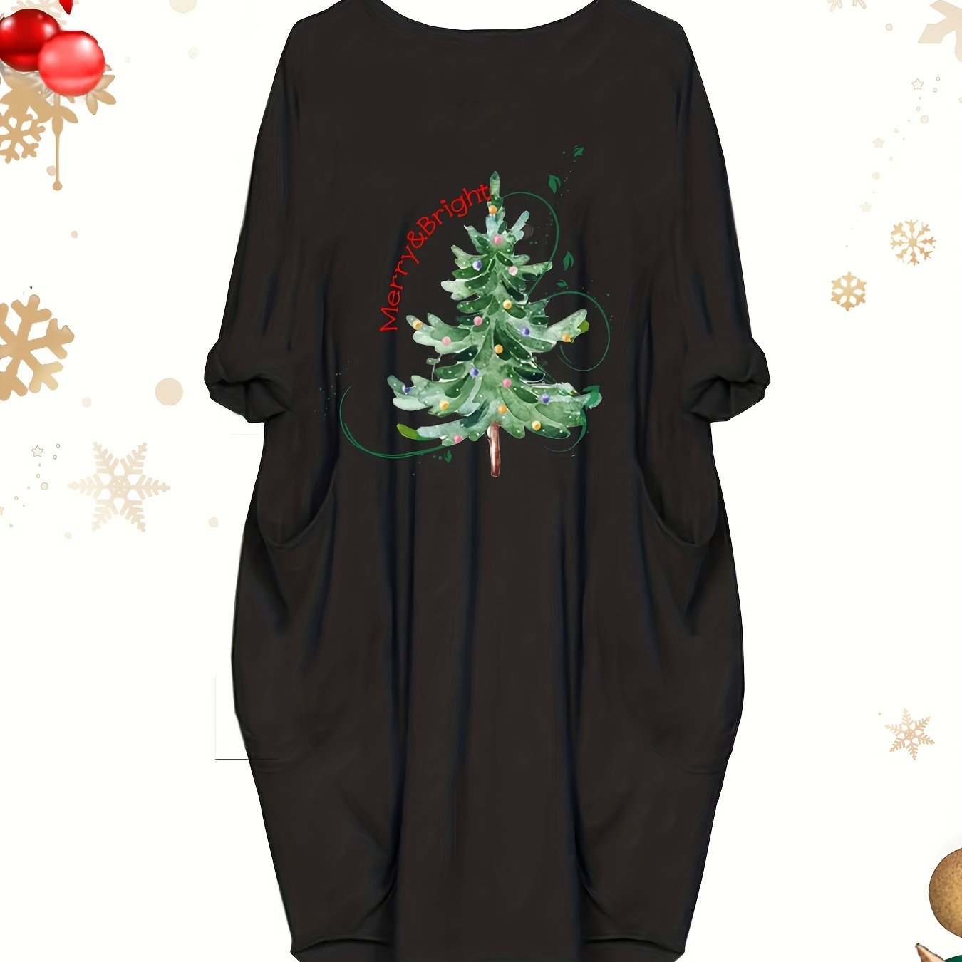  Xmas Tree & Slogan Print Long Sleeve Round Neck Baggy Dress