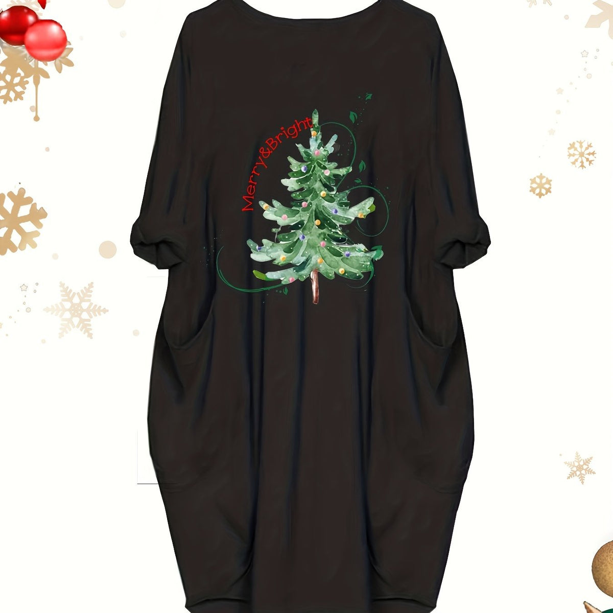  Xmas Tree & Slogan Print Long Sleeve Round Neck Baggy Dress