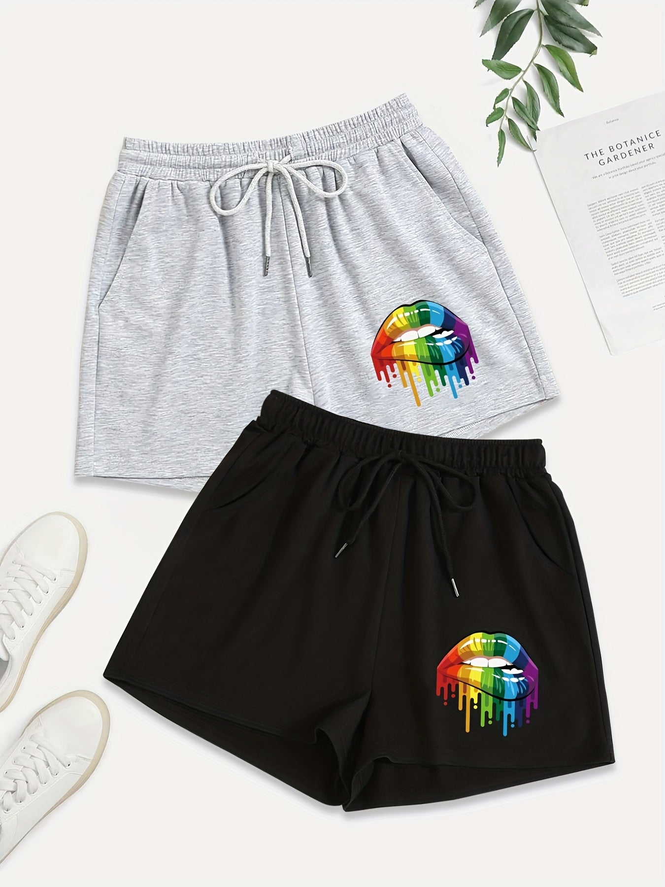 2 Pack Plus Size Rainbow Lip Print Sporty Shorts Set Women's