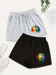 2 Pack Plus Size Rainbow Lip Print Sporty Shorts Set Women's
