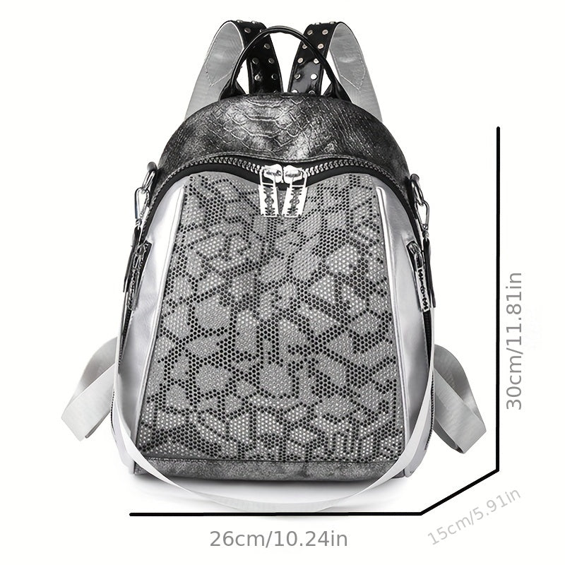 Snakeskin Pattern Backpack Purse Vintage Rhinestone Travel Schoolbag
