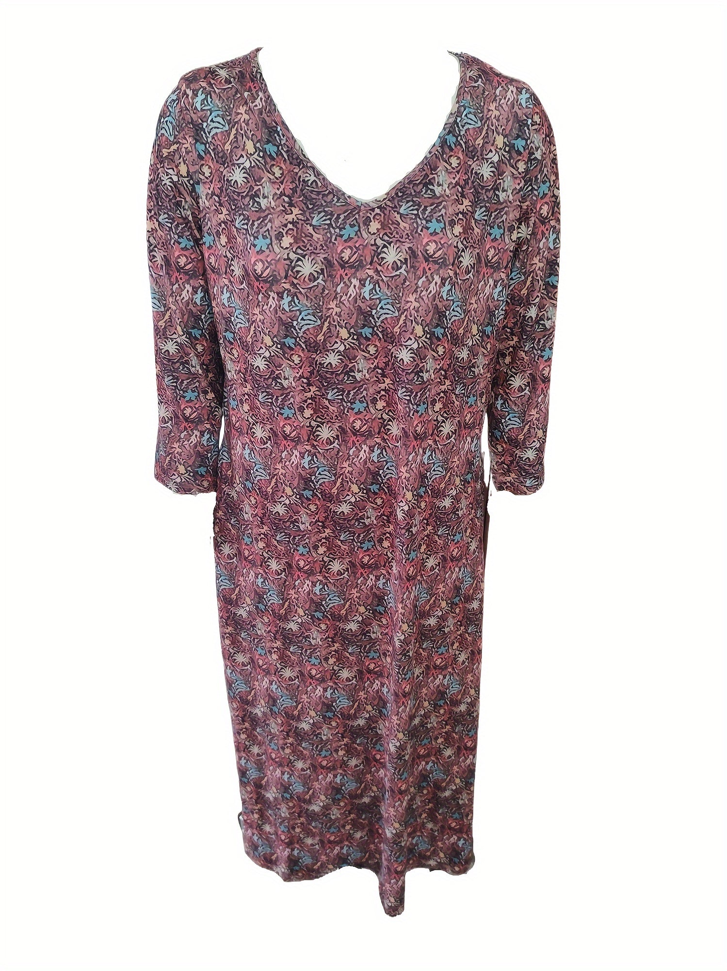  Allover Print Long Sleeve V Neck Maxi Dress With Pockets