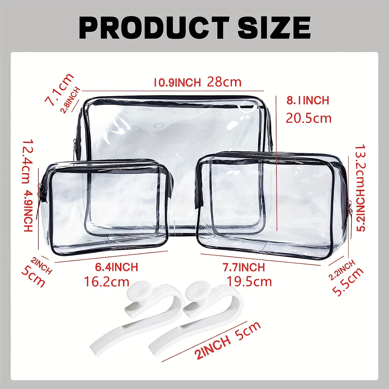 3 Pcs Transparent Inner Bags Zipper Waterproof, Hooks Travel Accessories