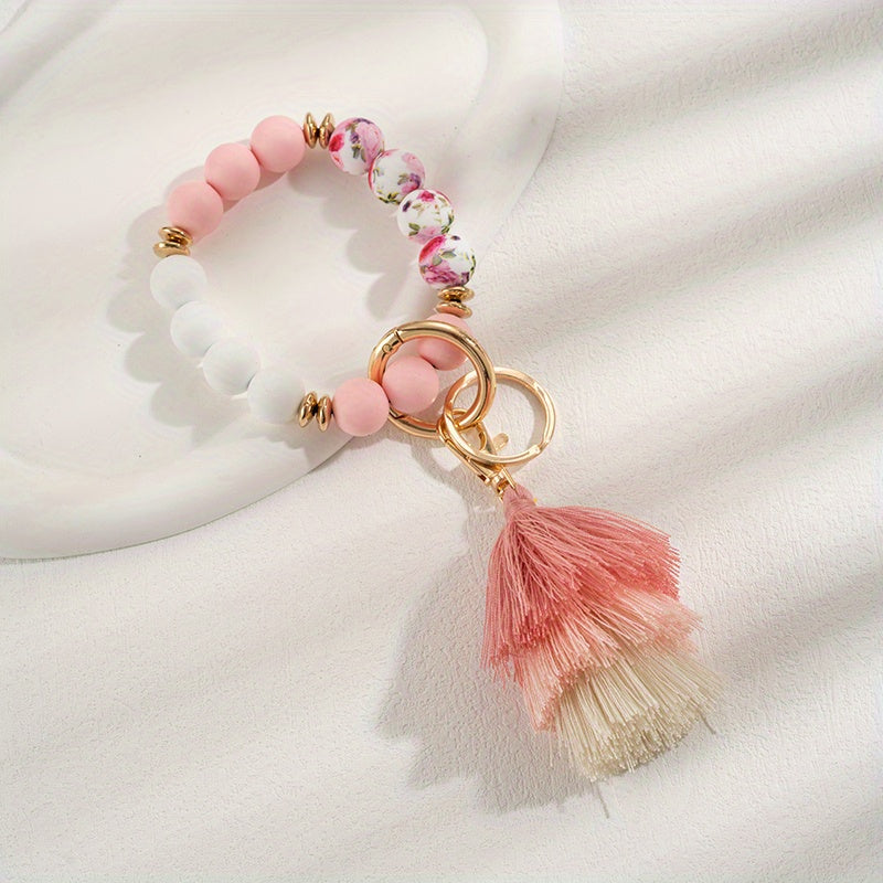 Vintage Silicone Beads Bracelet Key Ring For Girls Child Tassel Keychain Pendant