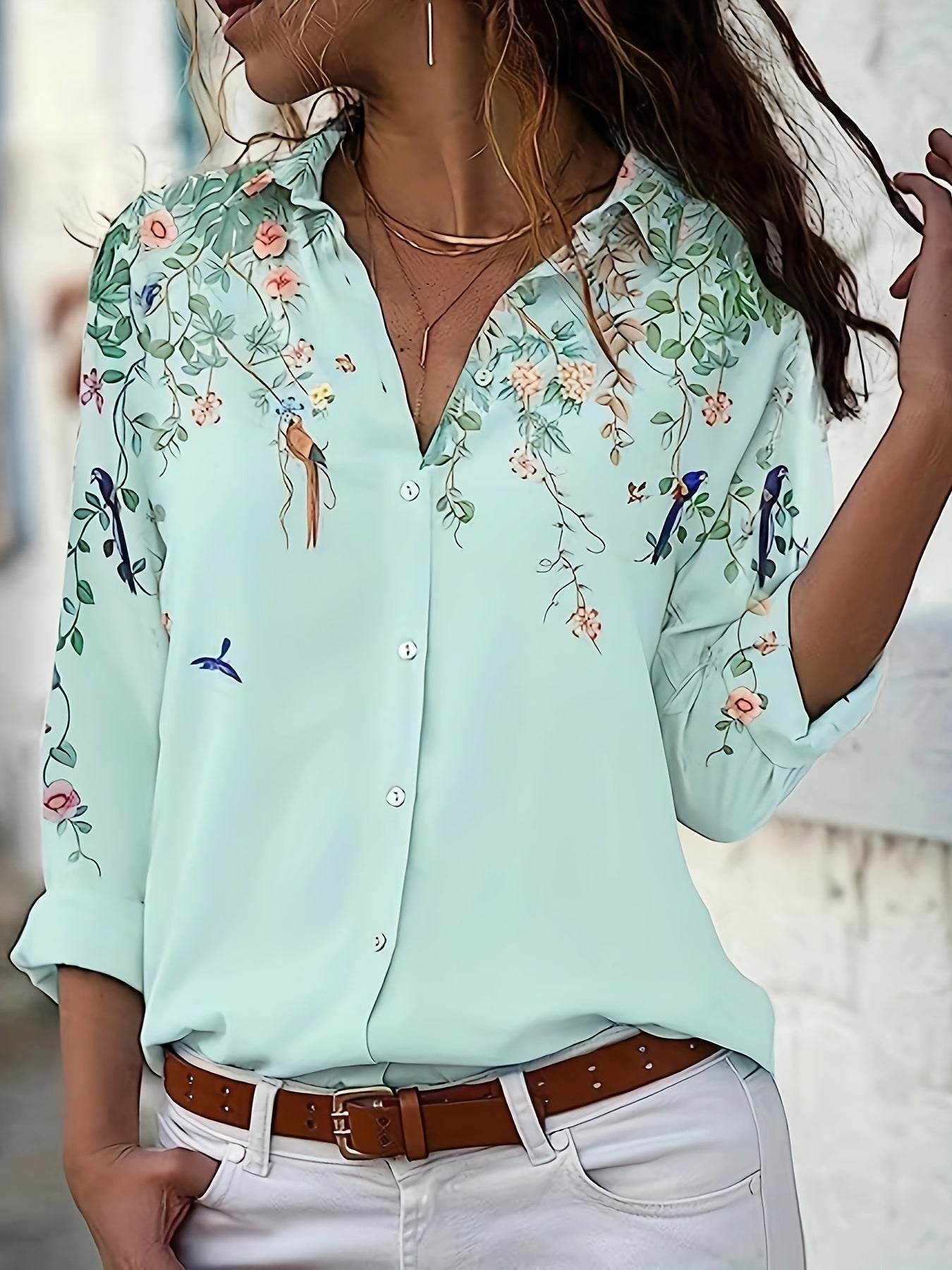  Floral Bird Print Long Sleeve Blouse