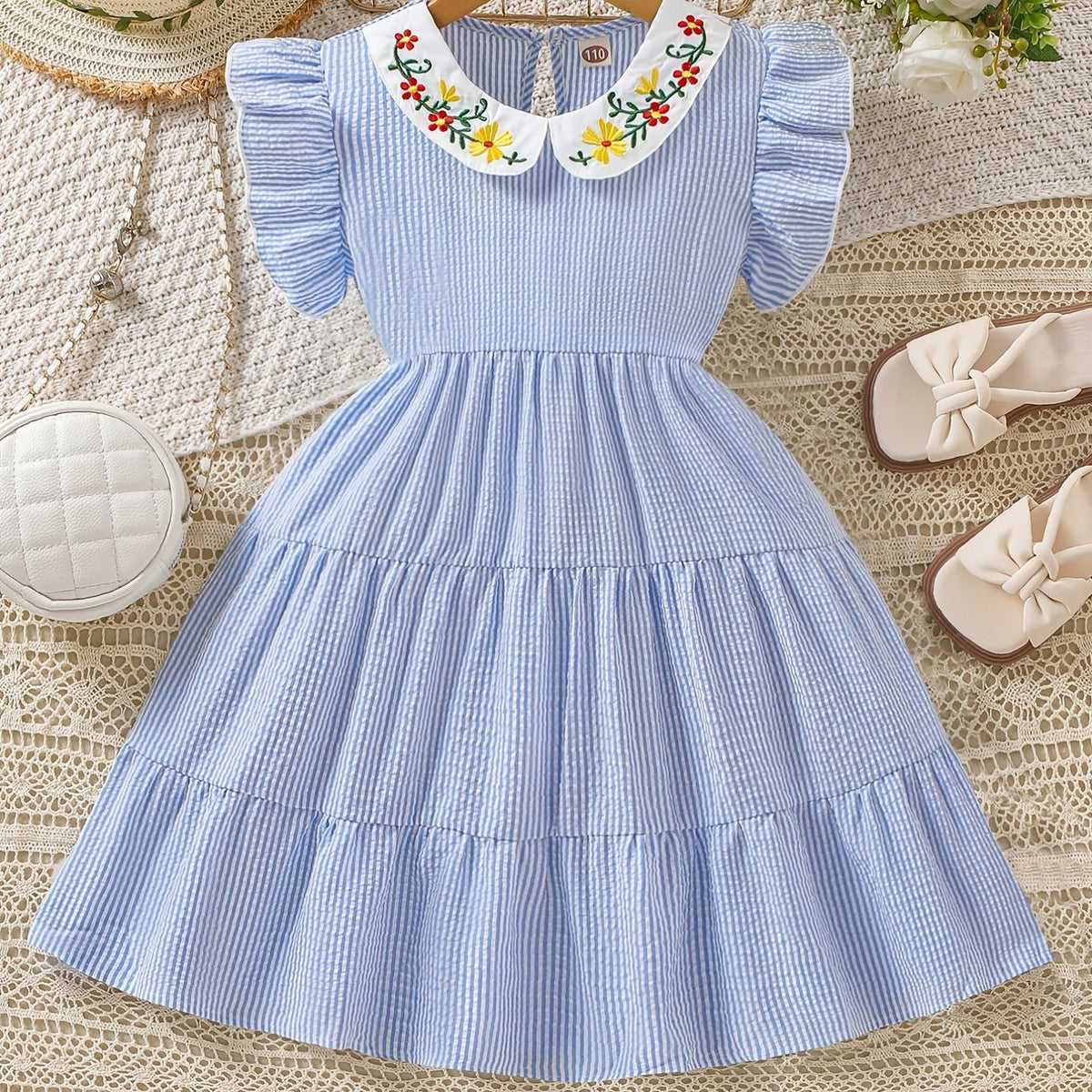 Girls' Butterfly Sleeve Stripe Dress Casual Fit Youth Girl Dresses