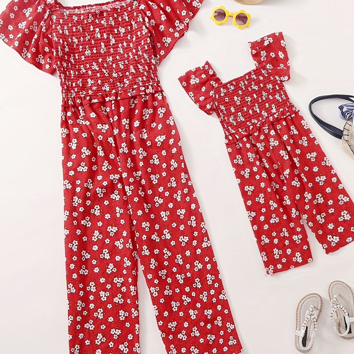 Summer Floral Ruffle Sleeve Baby Girl's Jumpsuit & Woman's Bodysuit