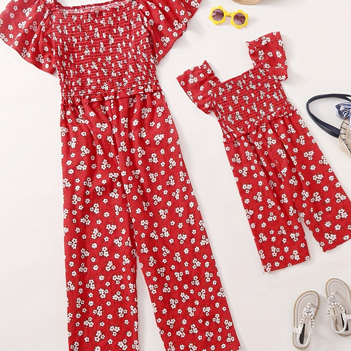 Summer Floral Ruffle Sleeve Baby Girl's Jumpsuit & Woman's Bodysuit