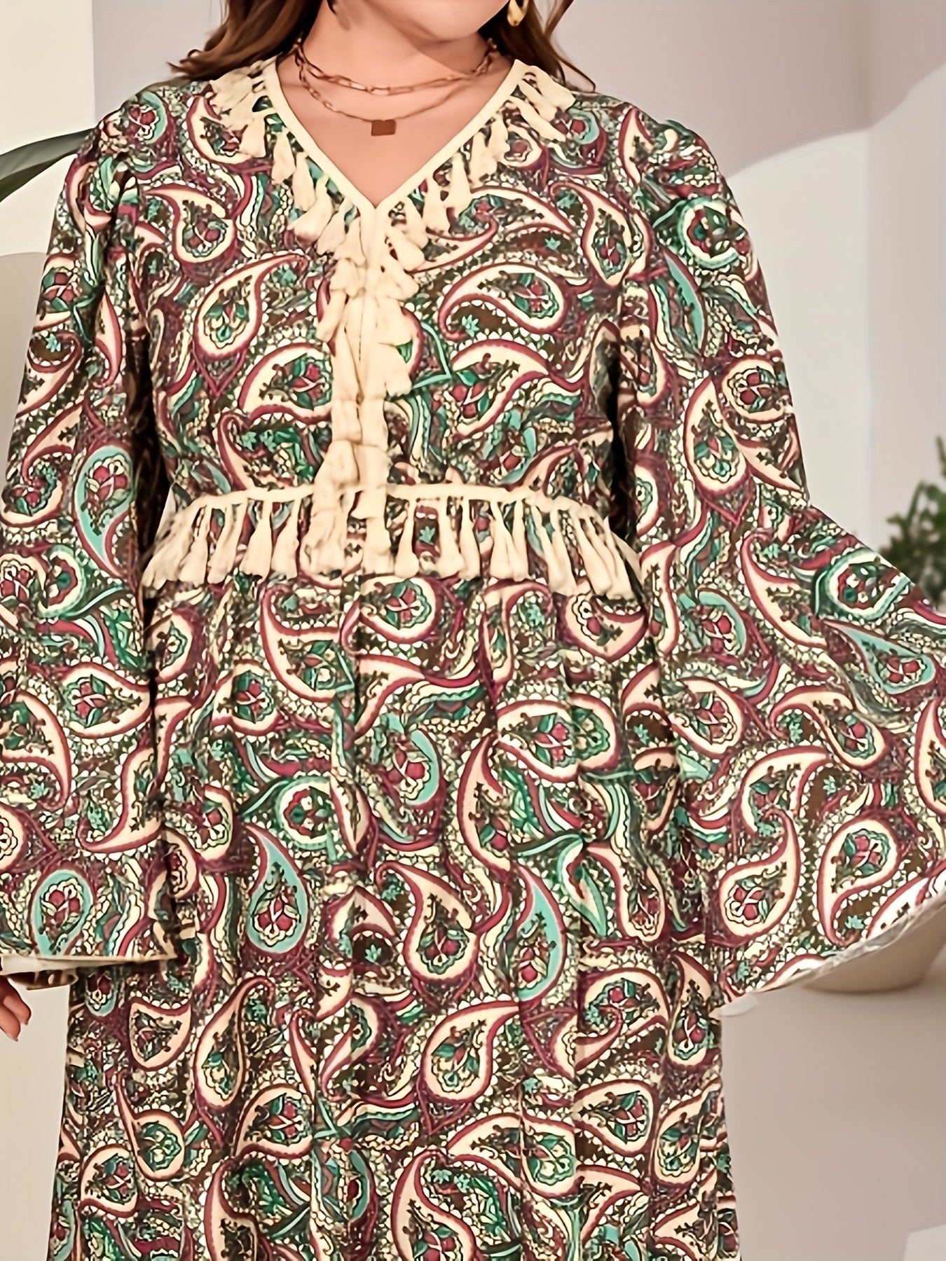  Abaya Dress Women's Plus Paisley Floral Print Tassel Bell Sleeve V Nec