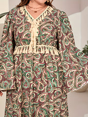  Abaya Dress Women's Plus Paisley Floral Print Tassel Bell Sleeve V Nec