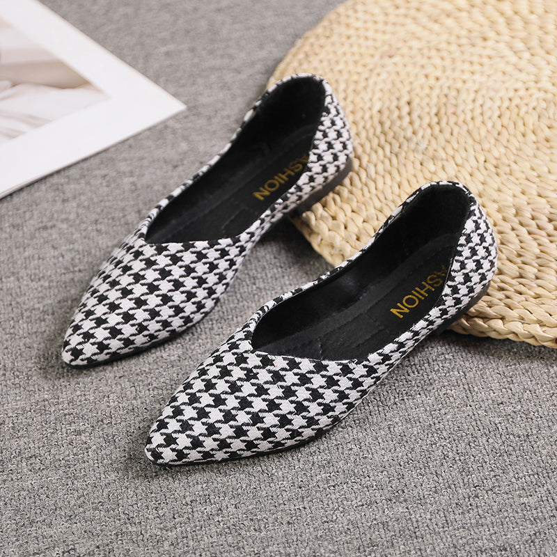 Women's Houndstooth Ballet Flats Soft Sole Slip On Shoes