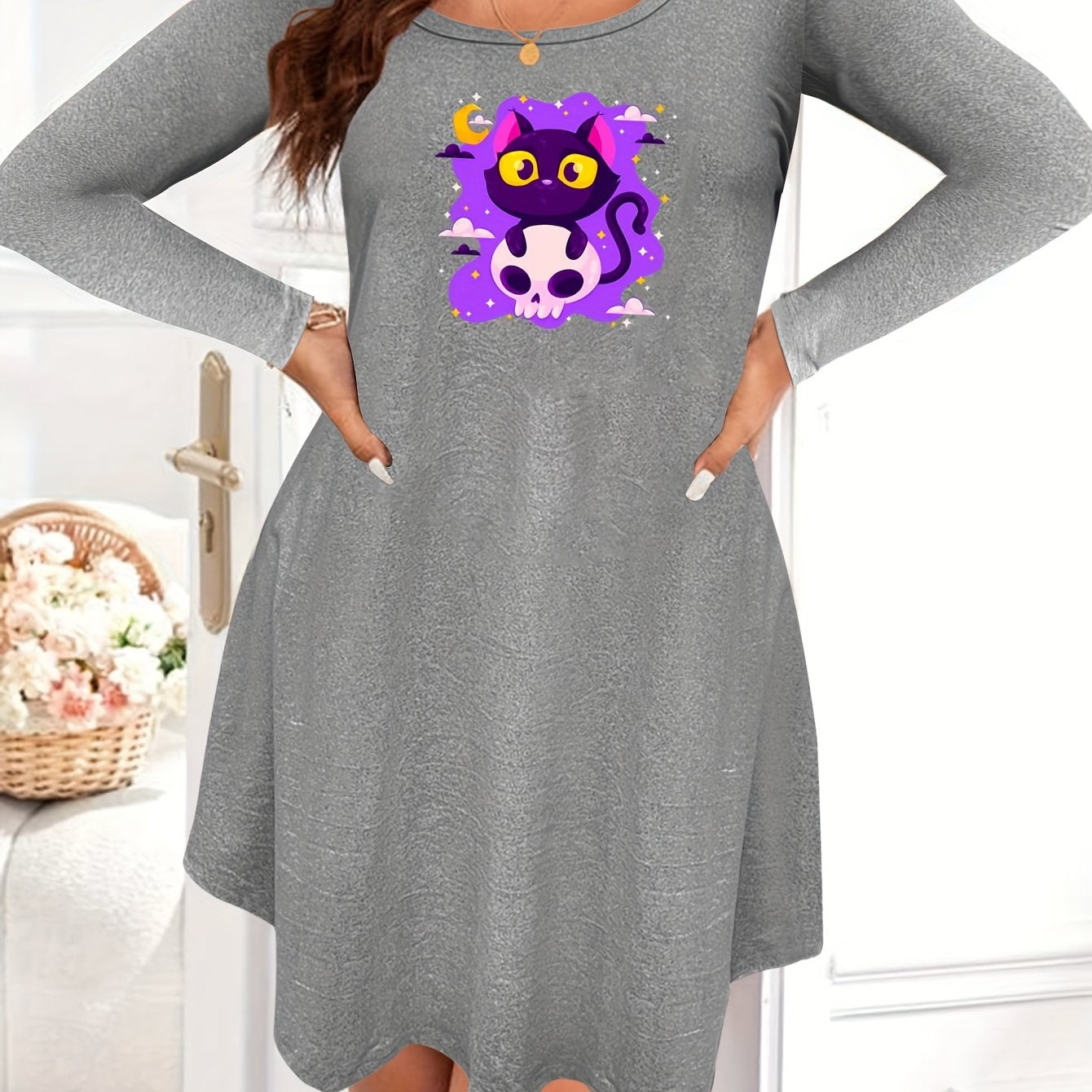  Cat & Skull Print Nightdress Long Sleeve Round Neck Sleep Dress