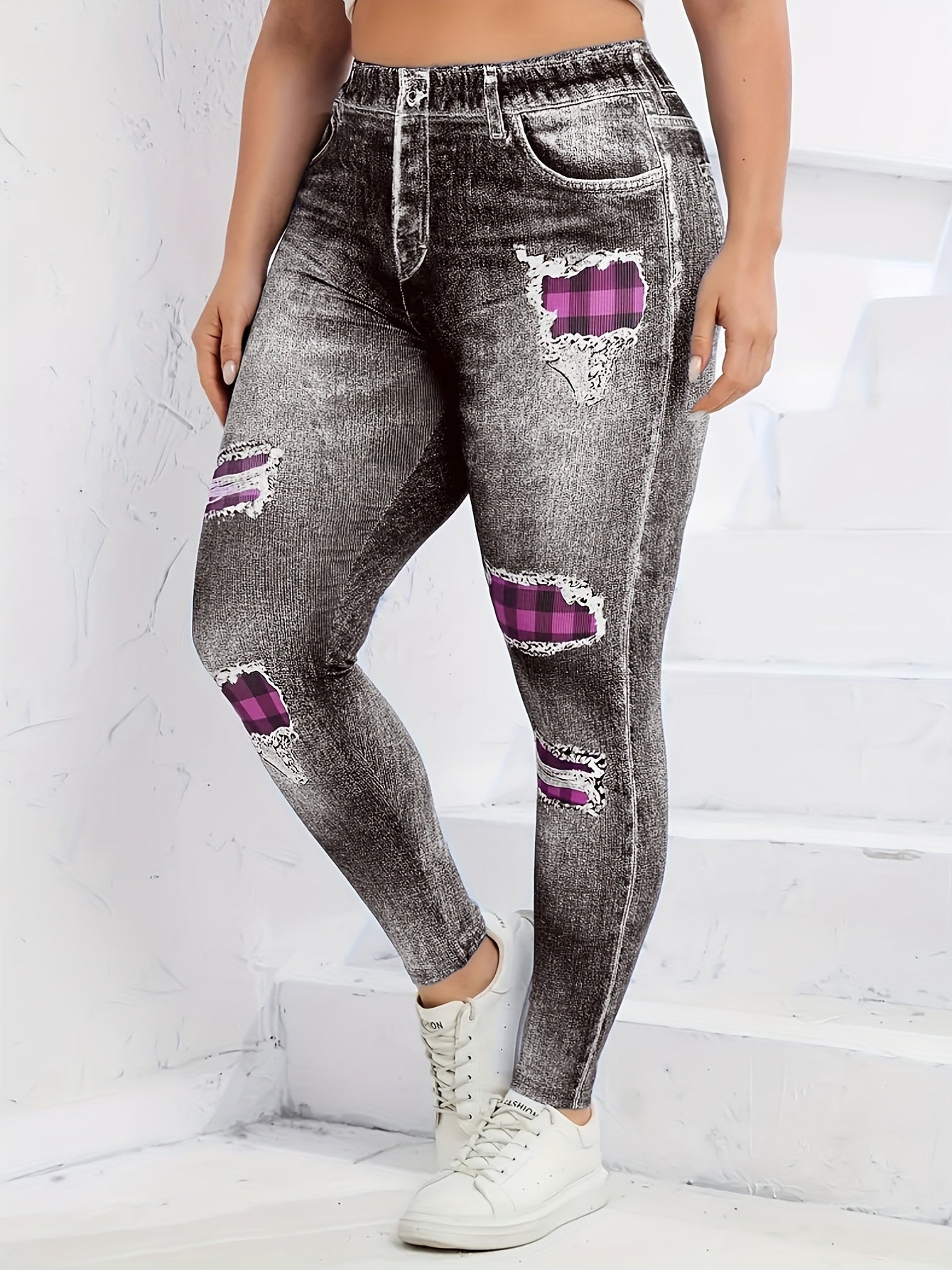  Colorblock Plaid & Denim Print Leggings