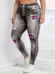  Colorblock Plaid & Denim Print Leggings
