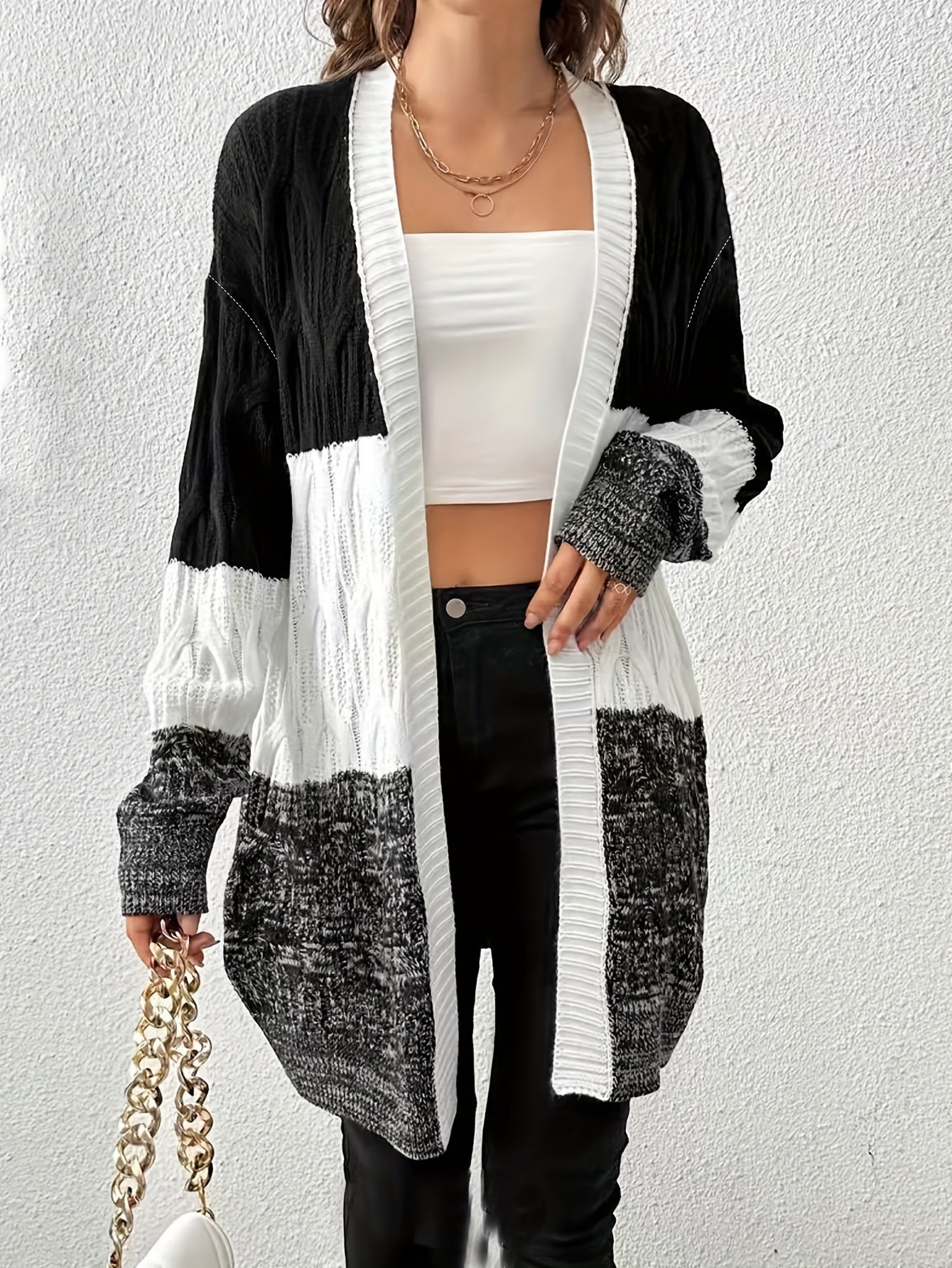  Colorblock Cable Long Sleeve Cardigan