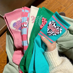 5 Pairs Heart & Letter Print Socks Women's Mid Tube Stockings Hosiery