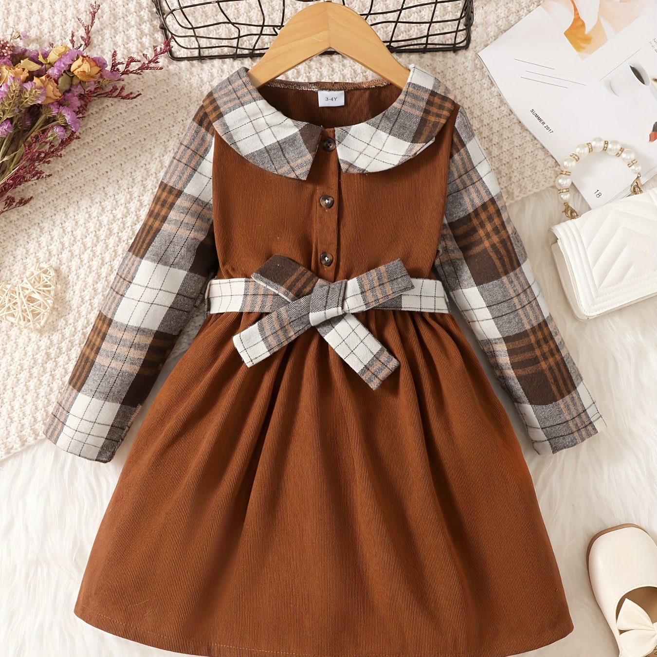 Plaid Contrast Doll Collar Long Sleeve Dress For Girls