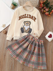 Girls Bear And Letter Patched Sweatshirt Top & Plaid Skirt Set