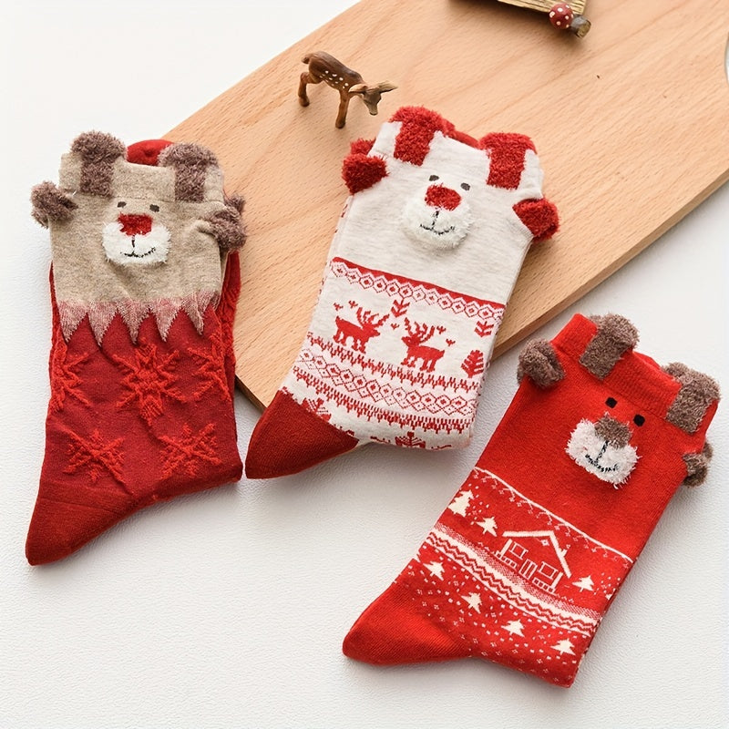 3 Pairs Elk Pattern Socks Comfy Christmas Mid Tube Women's Stockings