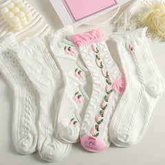 5 Pairs Floral Print Ruffle Socks Women's Mid Tube Stockings