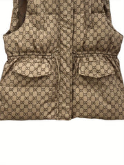 Retro Print Stand Collar Down Vest Lightweight Warm Thickened