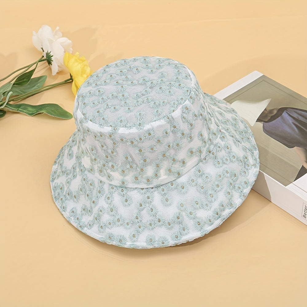 Flower Embroidery Bucket Hat Mesh Breathable Lightweight Sun Hats