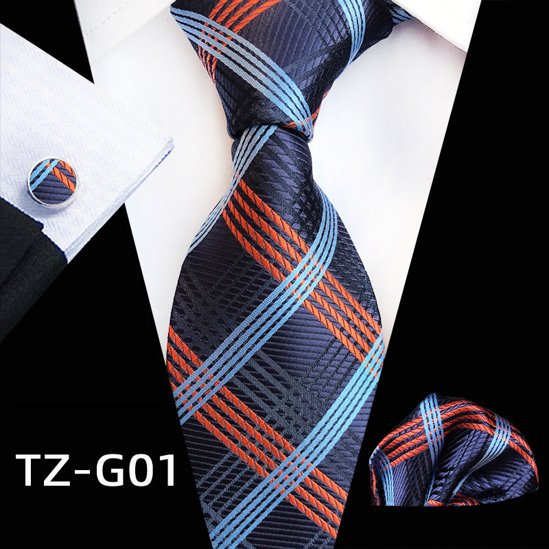 Men's Plaid Pattern Tie Pocket Scarf Cuff Set For Suits