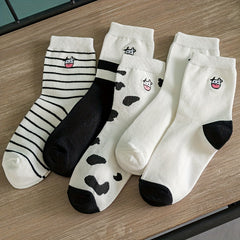 5 Pairs Cartoon Cow Print Socks Women's Comfy Mid Tube Stockings