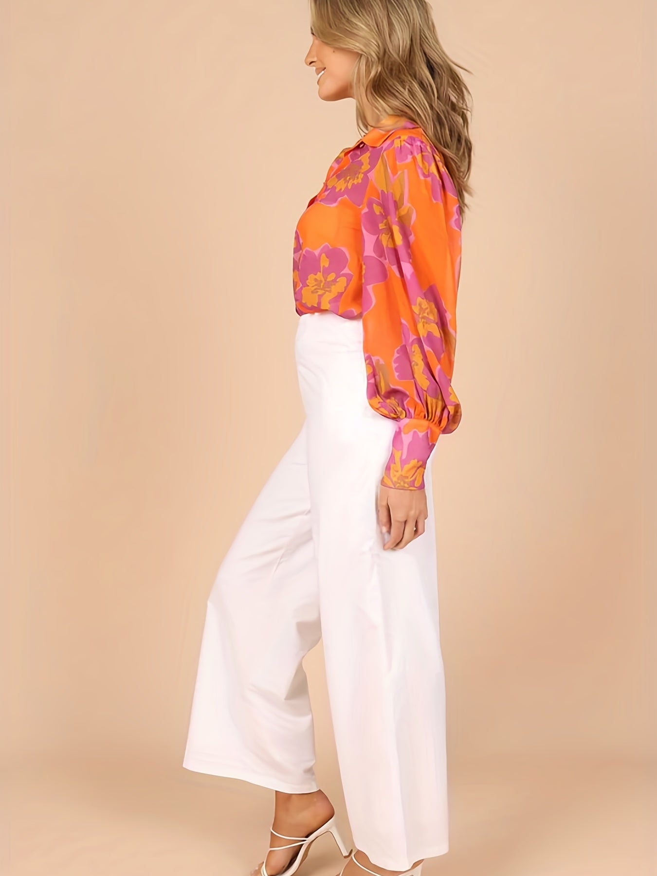  Floral Print Button Up Lantern Sleeve Blouse