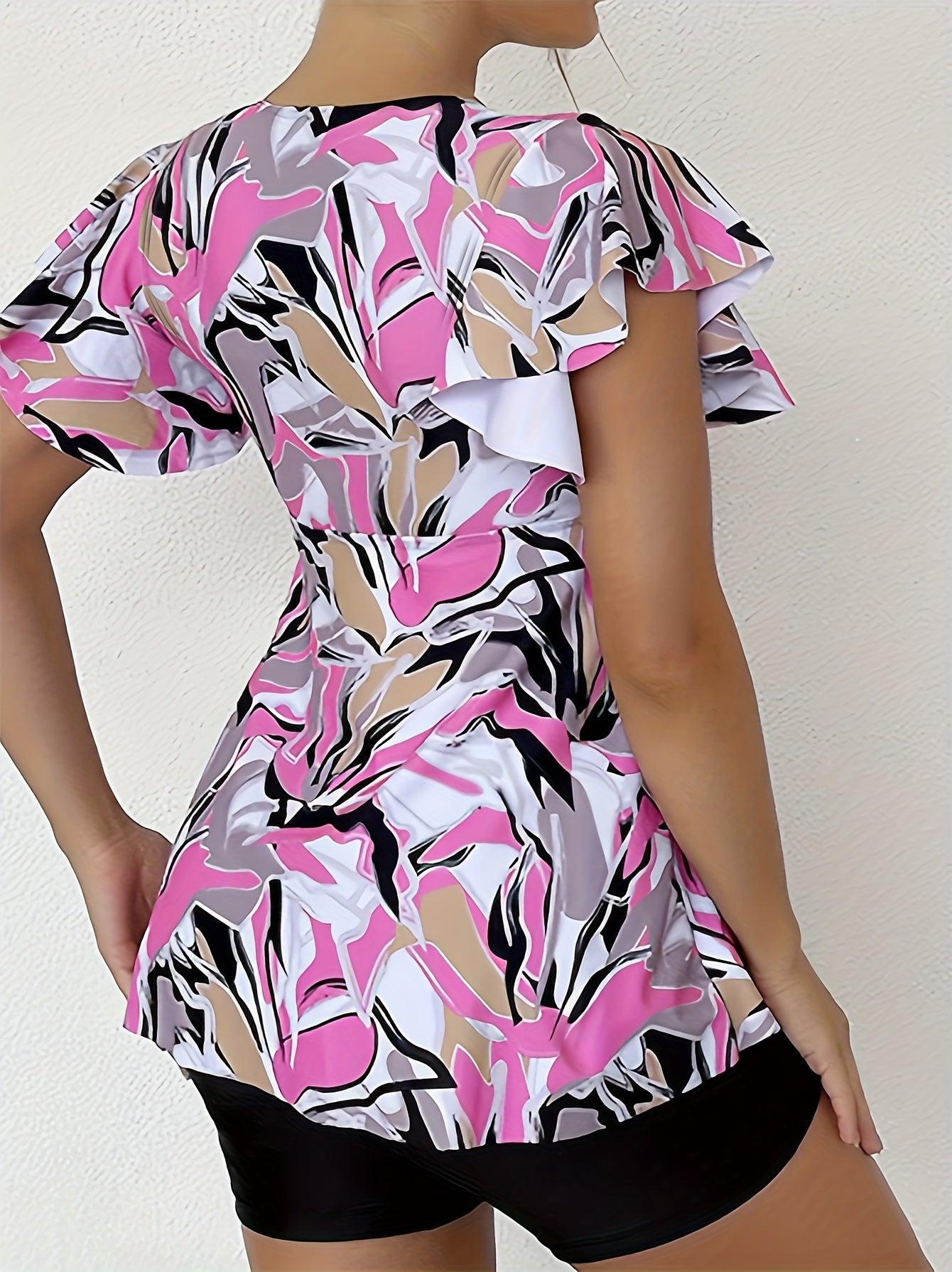  Abstract Print Tankini Set with Lace Butterfly Sleeve Top & Shorts