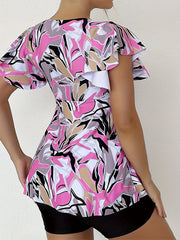  Abstract Print Tankini Set with Lace Butterfly Sleeve Top & Shorts
