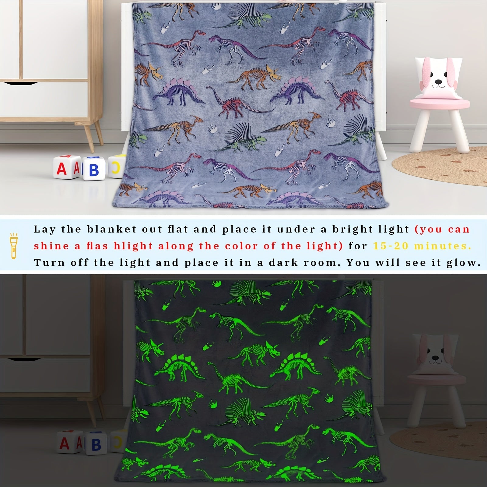 300GSM Glow In The Dark Dino Blanket for Kids Soft Warm Plush Dinosaur Throw