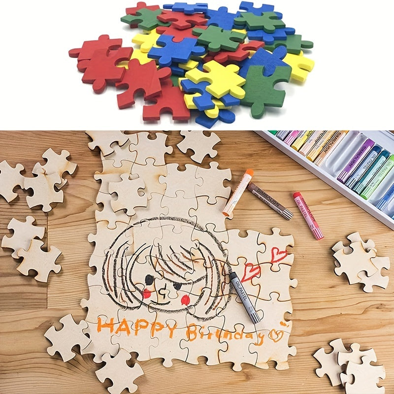 50pcs 40mm Wooden Puzzle Blocks DIY Kids Crafts Painting Decorating
