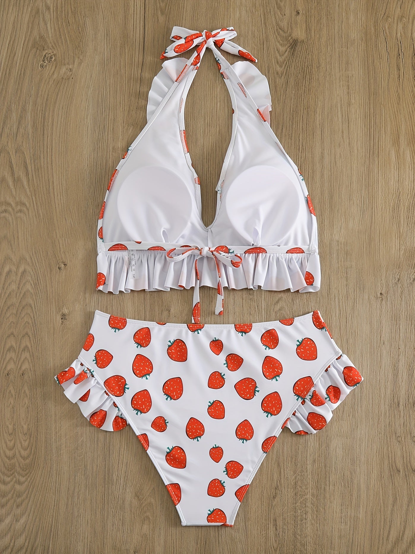 Women's Plus Strawberry Print Ruffle Trim Halter Bikini Set