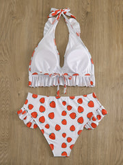 Women's Plus Strawberry Print Ruffle Trim Halter Bikini Set