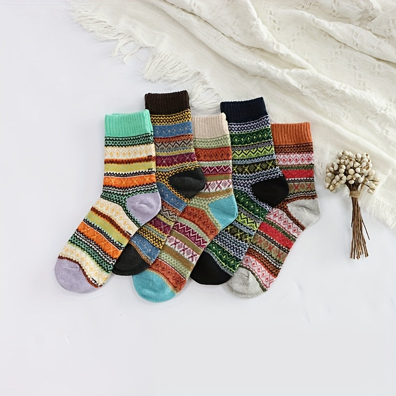 5 Pairs Geometric Pattern Socks Warm Mid Tube Women's Stockings